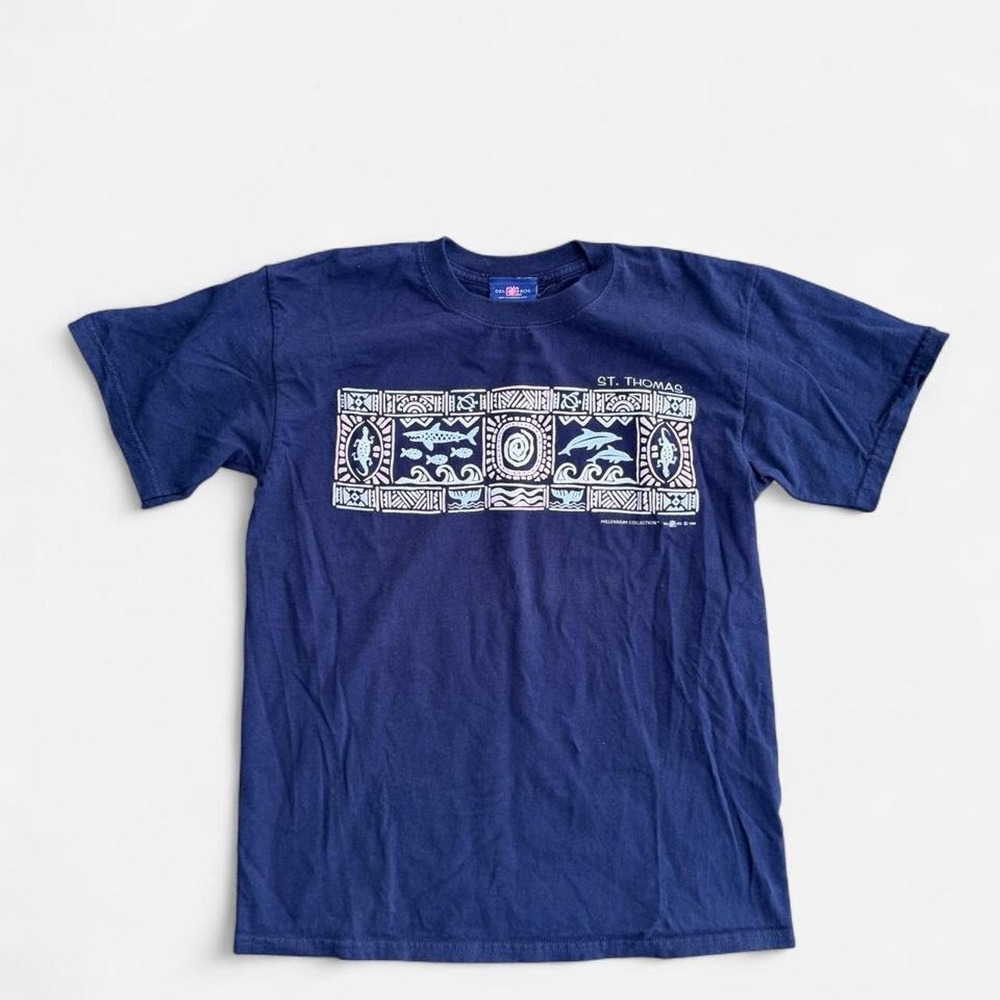 Del Sol St Thomas Navy Graphic Tee Millennium Collection Vintage Mens Medium
